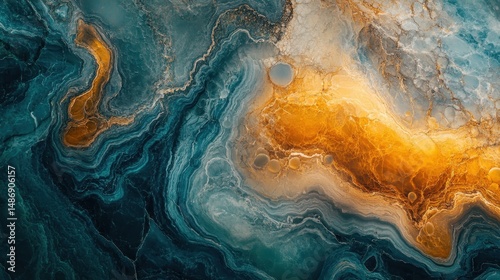 Abstract Fluid Art Painting in Teal Gold and Blue Hues