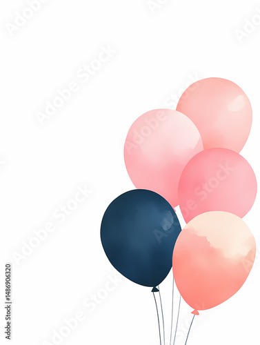 Pastel pink and navy blue balloons float against a white background. A festive and cheerful image perfect for celebrations.
