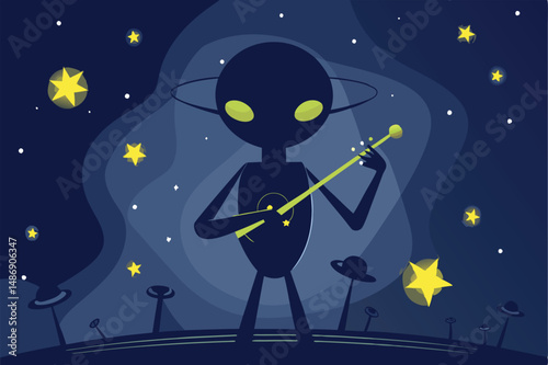 Ethereal Silhouette of an Alien Playing a Cosmic Harp Amidst a Starry Night
