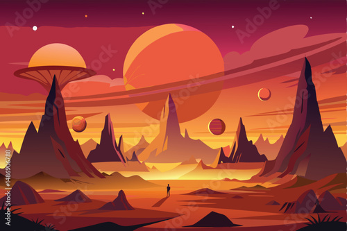 Alien World Sunset Symphony with Multiple Suns Casting Silhouettes