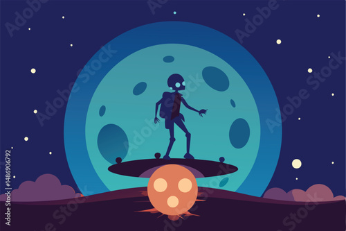 Extraterrestrial Wanderer on Hoverboard Silhouetted Against the Night Sky