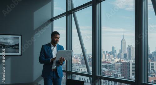 Wallpaper Mural  Businessman in Modern Office: Using Laptop with NYC Skyline View. Success, Productivity, & Urban Lifestyle. Torontodigital.ca