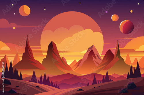 Silhouette of an Alien Sunset with Multiple Suns in a Cosmic Tapestry