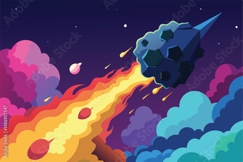 Silhouette of an Asteroid Soaring Through a Vibrant Nebula
