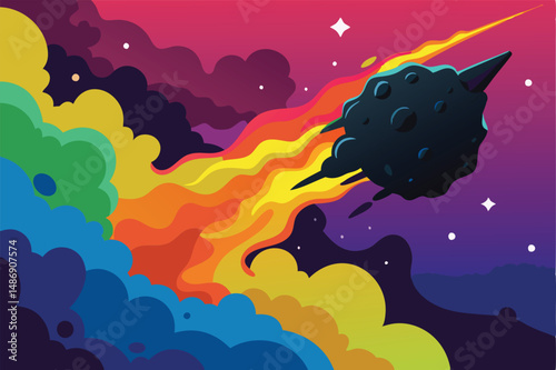 Silhouette of an Asteroid Soaring Through a Cosmic Canvas of Colors