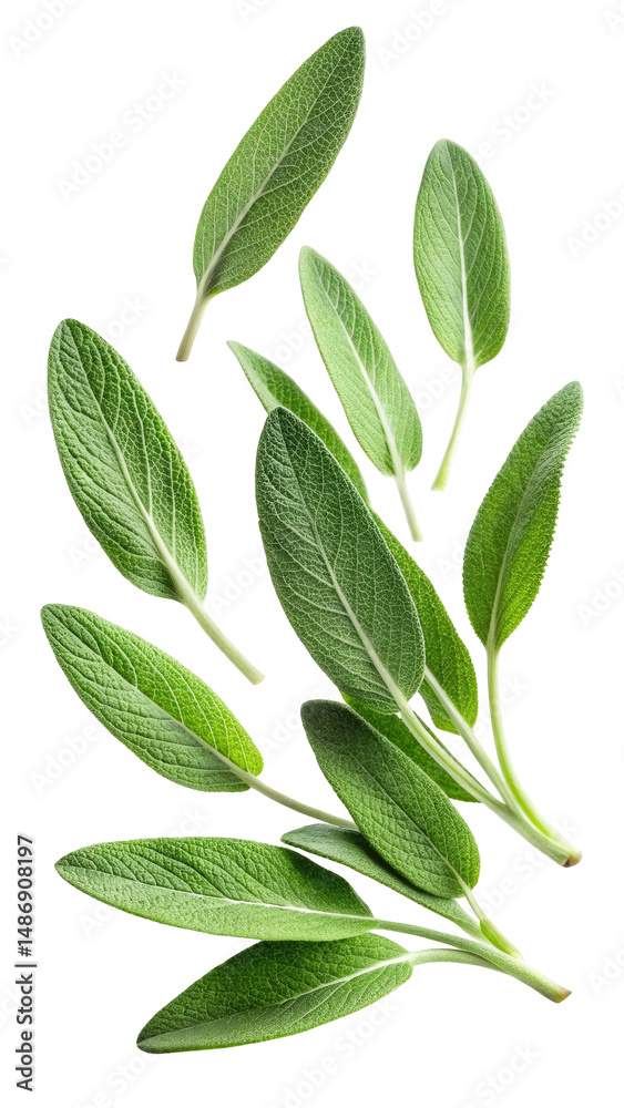 Naklejka premium Flying Fresh Sage Leaves with Soft Fuzzy Texture and Herbal Green Hue isolated on transparent white background, clipping path