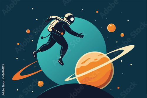 Silhouette of an Astronaut Joyfully Leaping across a Vast Extraterrestrial Plane