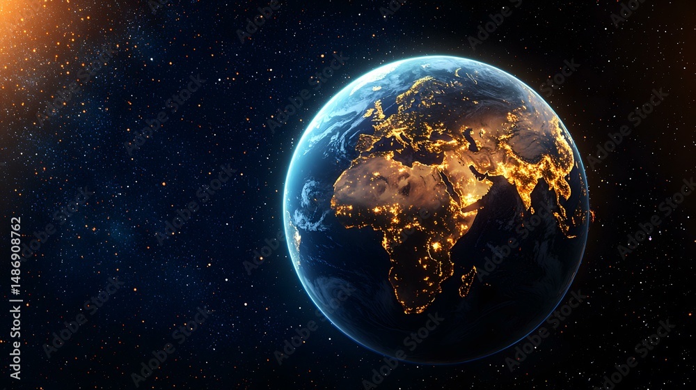 Fototapeta premium The image shows a nighttime view of Earth from space, highlighting the illuminated cities and towns across the continents, set against a backdrop of stars.