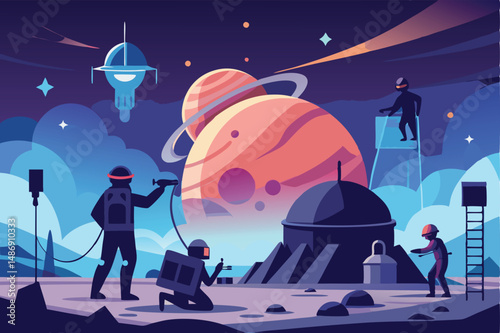 Astronauts Silhouetted Amidst the Construction of a Space Colony Orbiting Earth