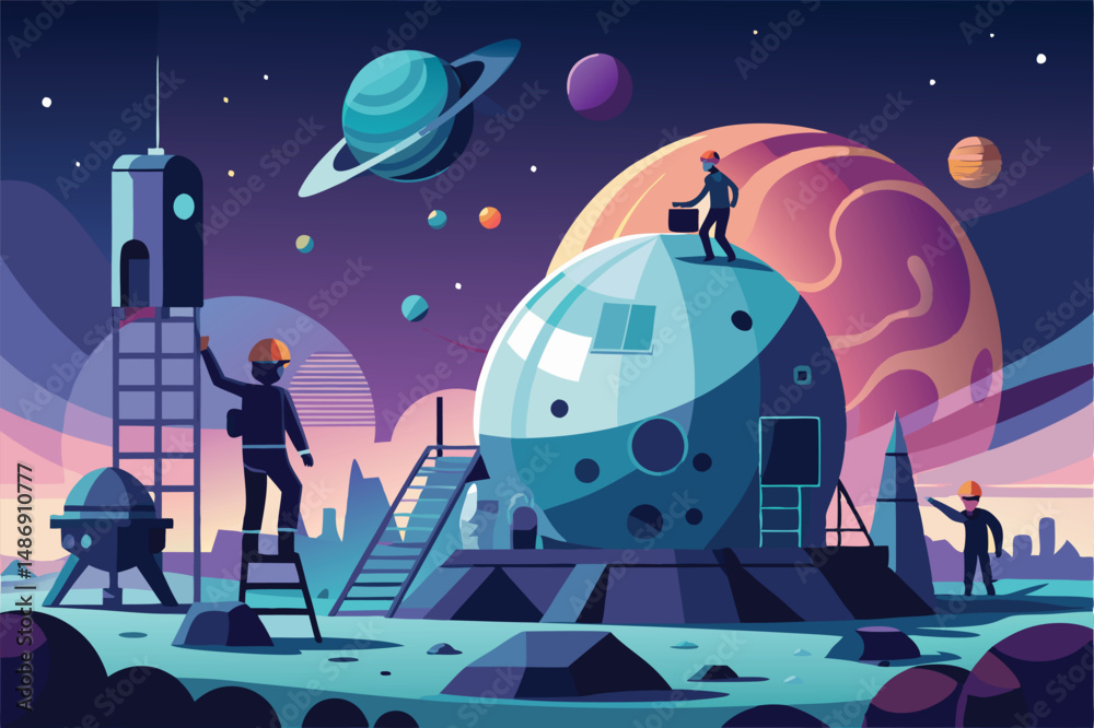 Naklejka premium Astronauts Building a Space Colony Amidst the Stars