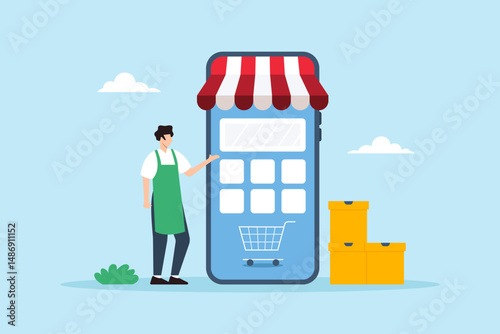 Flat illustration of small business owner interacting with online storefront smartphone mobile commerce digital retail entrepreneur shopkeeper and e-commerce