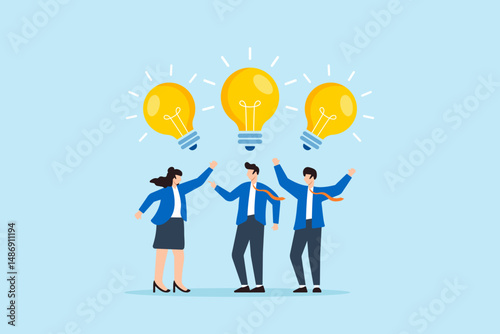 Flat illustration of business people sharing and celebrating ideas with glowing light bulbs teamwork creativity brainstorming meeting thinking innovation and knowledge in workplace