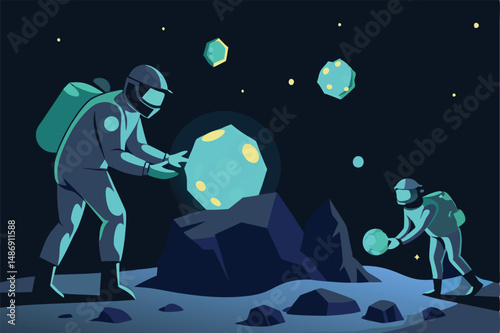 Astronauts in Silhouette Gathering Glowing Space Rocks