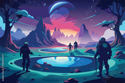 Silhouetted Astronauts Witness the Ethereal Glow of an Extraterrestrial Lake