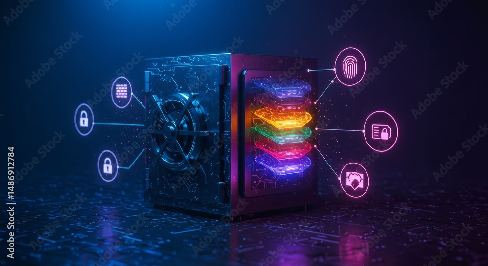 Fototapeta premium Abstract Digital Security System with Glowing Neon Cube and Data Icons