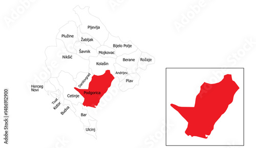 Detailed Red-Highlighted Map of Podgorica Municipality, Montenegro for Educational and Geographic Purposes in Vector Format, Showcasing Regional Borders and Topography