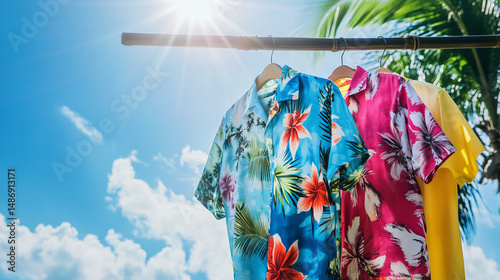 Colorful Hawaiian shirts with tropical floral prints hanging on a laundry rod, waiting for summer holiday trip