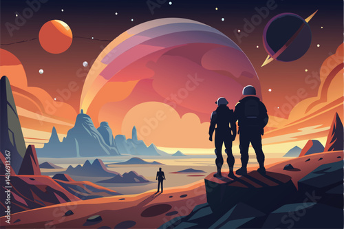 Astronauts' Silhouette Gazing at a Distant Planet in the Cosmos