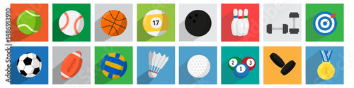 Balls icon set for various sports games, realistic vector illustration set. Exercising inventory for sportsmen flat objects on multicolored background.