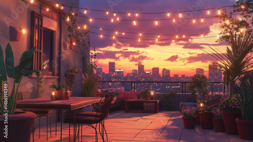 Animated apartment rooftop at sunset