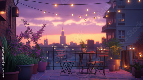 Animated apartment rooftop at sunset