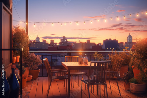 Animated apartment rooftop at sunset