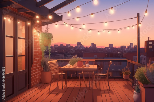 Animated apartment rooftop at sunset