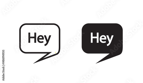 Charming Speech Bubble Icon Set: Modern Black and White 'Hey' Message Design for Digital Communication Platforms and Social Media Interactions 175 characters