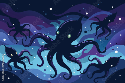 Cosmic Silhouettes: Graceful Octopuses Gliding Through the Starlit Void