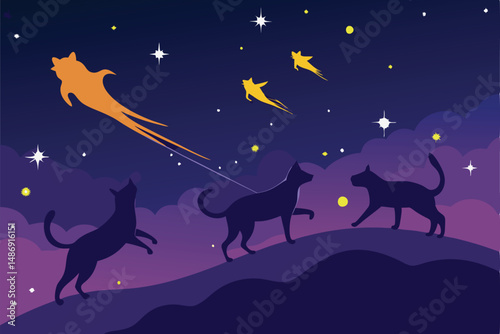 Cosmic Cats Silhouetted Against a Blaze of Shooting Stars