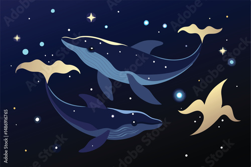 Ethereal Silhouette of Gigantic Cosmic Whales Gliding Majestically Through the Star-Studded Sky