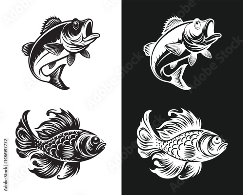 different collection of fish silhouette, black and white vector design