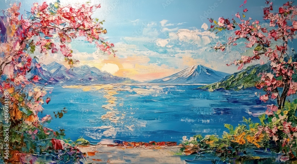 Obraz premium Sunrise Lake with Cherry Blossoms, and Mountains.