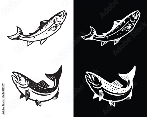 different collection of fish silhouette, black and white vector design