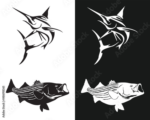 different collection of fish silhouette, black and white vector design