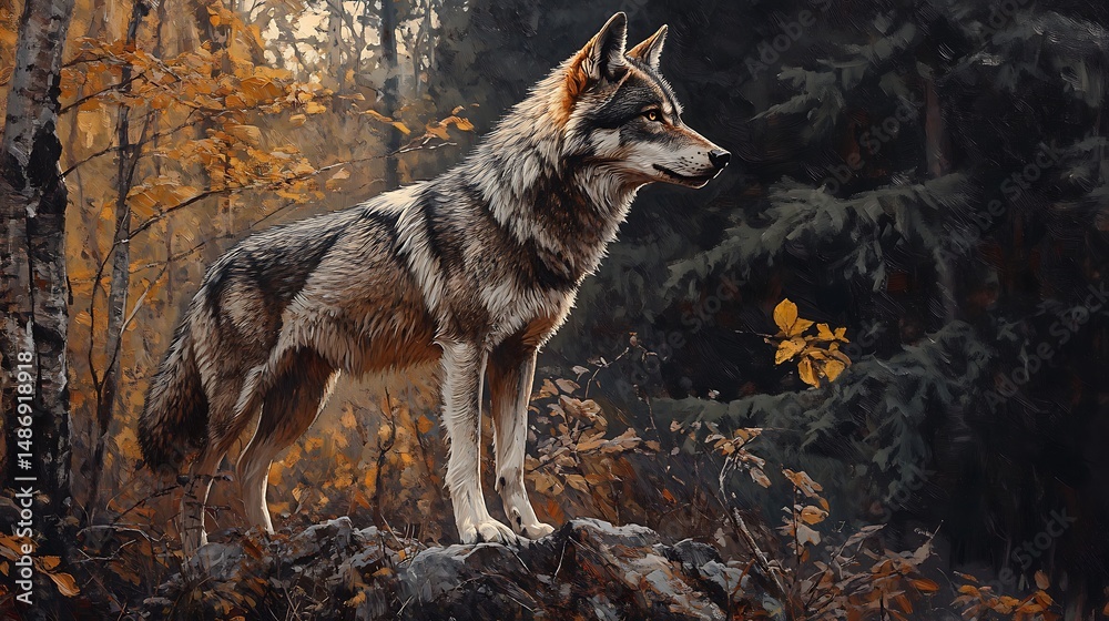 Fototapeta premium Wolf standing on rocky outcrop in autumn forest