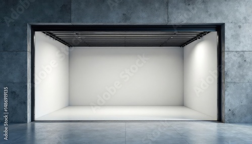 Modern double garage doors open to reveal a clean  empty garage interior   entrance  overhead  panel