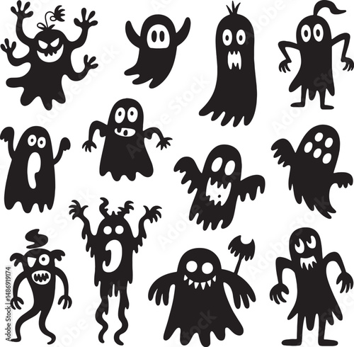 Spooky halloween monsters cute ghost silhouettes