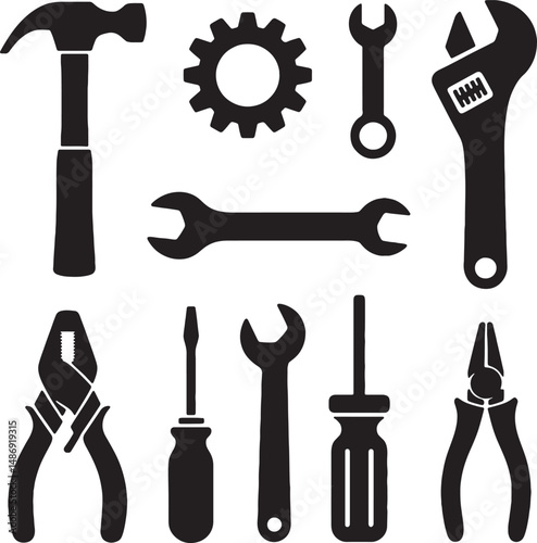 Black and white tool icons set mechanic repair kit