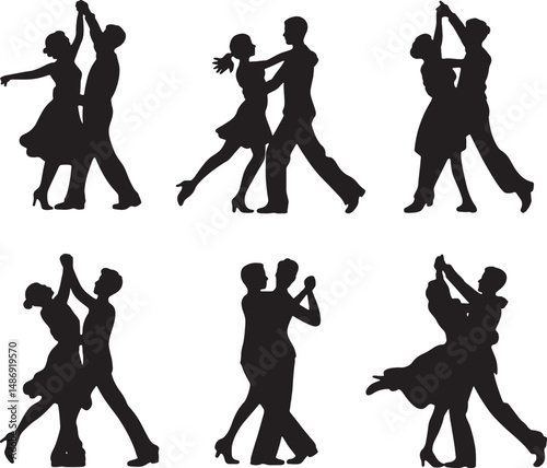 Six silhouettes couples ballroom dancing romance