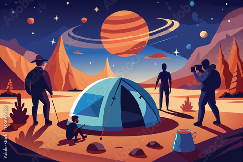 Space Explorers Erecting a Tent under the Stellar Canopy