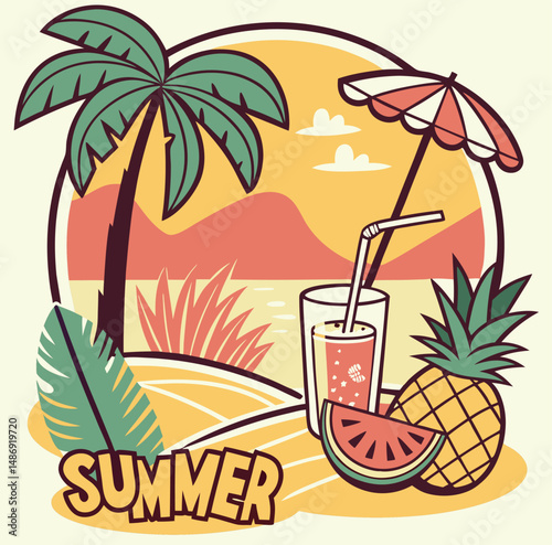 Retro summer vacation illustration featuring palm tree beach drinks and tropical fruits