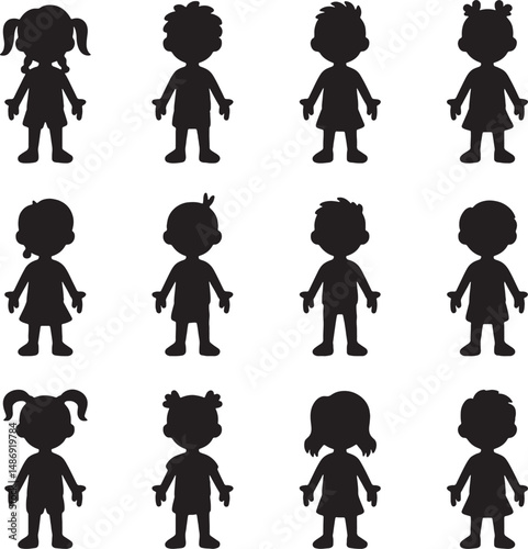 Twelve black silhouettes of children boys and girls