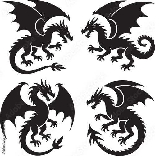 Four black silhouettes of majestic dragons