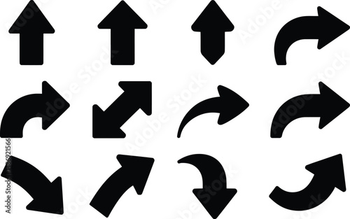 Collection of simple black arrow icons pointing in various directions for design and communication