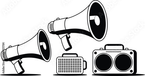 Black and white vector illustration featuring megaphones and a portable speaker on a white background
