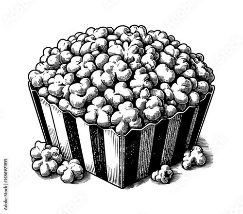 Engraved illustration of a popcorn in a striped box with some kernels fallen out