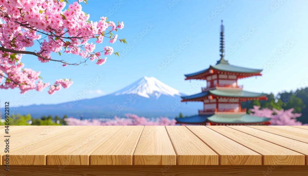 Fototapeta premium Scenic View of Mount Fuji, Pagoda, and Cherry Blossoms in Japan