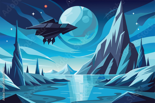 Ethereal Silhouette of Spaceship Descend on Enigmatic Ice Planet