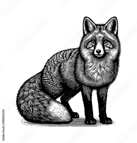 Detailed Engraved Illustration of a Fox Standing in Black and White Viewed From Front